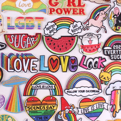 Cartoon Rainbow Applique Patches for Kids clothing Thermoadhesive Patches Iron On LGBT Letter Embroidered Patches On Clothes DIY