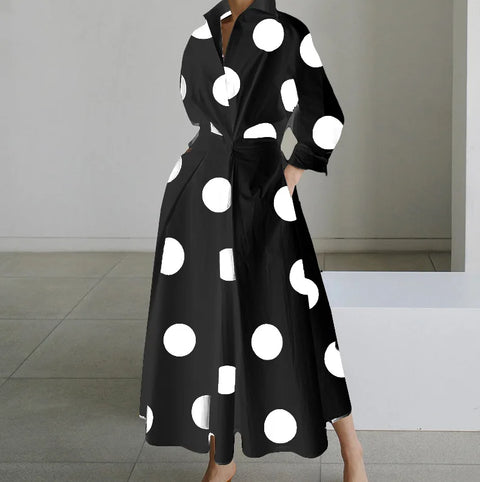 Elegant Long-sleeved V-neck Long Dress For Women New Fashionable Autumn Winter Waist Pocket Printing Loose Casual Dresses Female