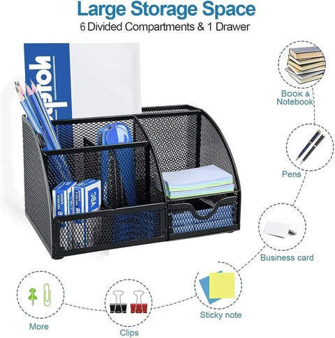 Mesh Desk Organizer Metal Desktop Office Supplies Multi-Functional Pen Holder Stationery with Compartment Drawer for Office Home