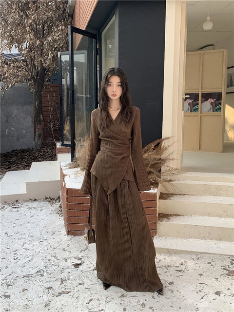 CHEERART Brown Pleate Elegant 2 Piece Sets Women Outfit V Neck Long Sleeve Cardigan Top And Maxi Skirt Set Fall Clothes