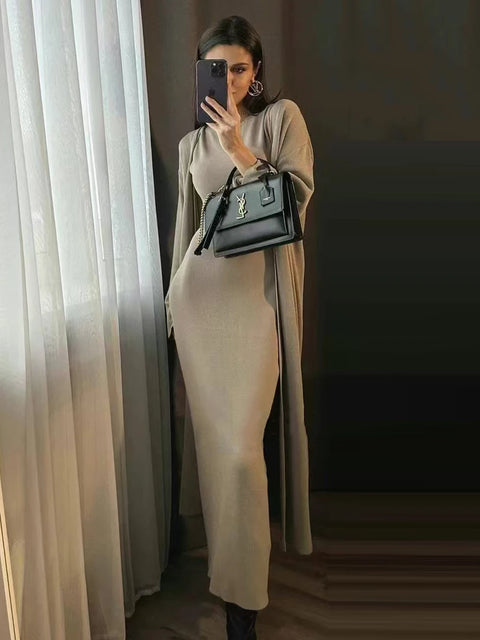 Modphy Solid Color Casual Set Women's Autumn Winter New Long Slim Fit Knitted Cardigan+Sleeveless Tank Top Dresses Two-piece Set
