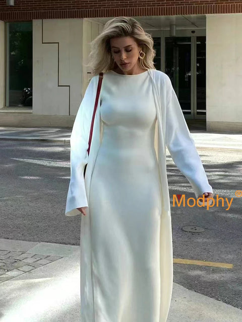 Modphy Solid Color Casual Set Women's Autumn Winter New Long Slim Fit Knitted Cardigan+Sleeveless Tank Top Dresses Two-piece Set