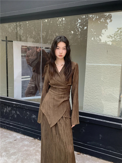 CHEERART Brown Pleate Elegant 2 Piece Sets Women Outfit V Neck Long Sleeve Cardigan Top And Maxi Skirt Set Fall Clothes