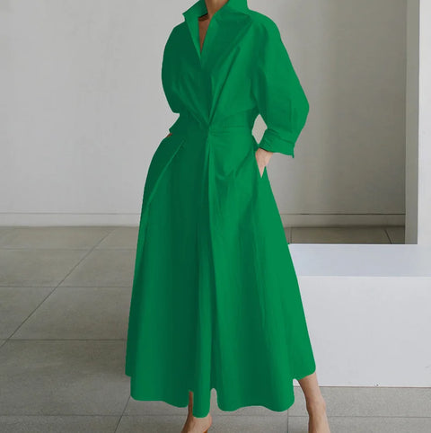 Elegant Long-sleeved V-neck Long Dress For Women New Fashionable Autumn Winter Waist Pocket Printing Loose Casual Dresses Female