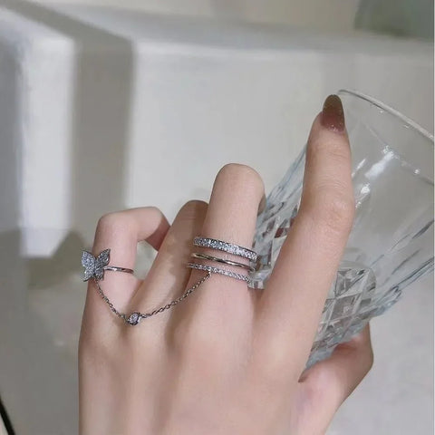 2024 Trendy Double Finger Chain Rings for Women Ring Set Tassel Butterfly Cross Punk Rings Jewelry Ladies Fashion HipHop Jewelry