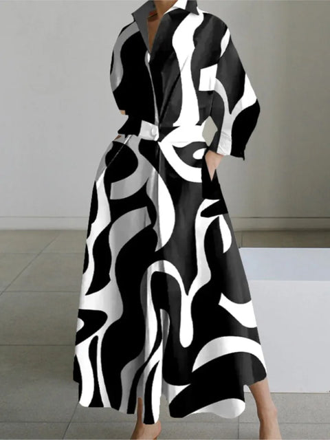 Elegant Long-sleeved V-neck Long Dress For Women New Fashionable Autumn Winter Waist Pocket Printing Loose Casual Dresses Female