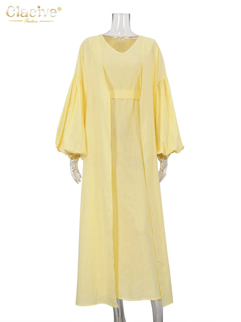 Clacive Fashion Loose Pink Linen Dress Sets For Women 2 Pieces Elegant Long Sleeve Robes With V-Neck Sleeveless Long Dresses Set