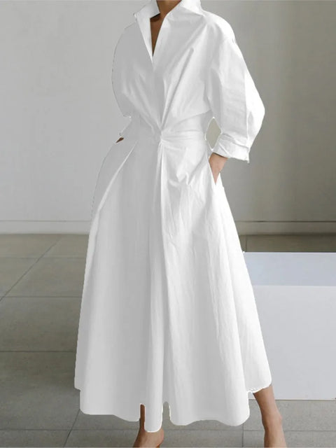 Elegant Long-sleeved V-neck Long Dress For Women New Fashionable Autumn Winter Waist Pocket Printing Loose Casual Dresses Female