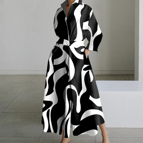 Elegant Long-sleeved V-neck Long Dress For Women New Fashionable Autumn Winter Waist Pocket Printing Loose Casual Dresses Female