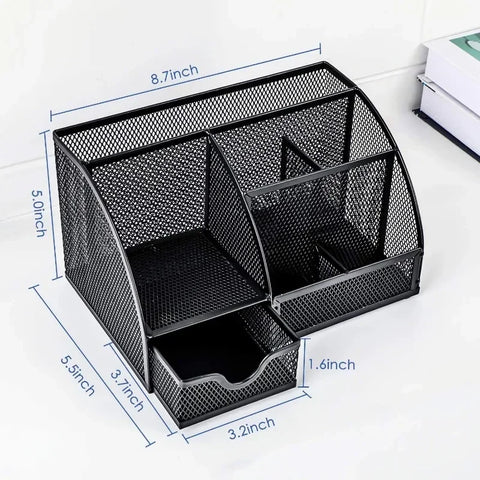 Mesh Desk Organizer Metal Desktop Office Supplies Multi-Functional Pen Holder Stationery with Compartment Drawer for Office Home