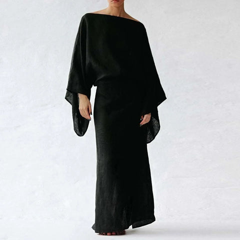 Retro Casual Solid Cotton Linen Dresses Women Elegant Slash Neck Tie-up Long Dress Spring Autumn Batwing Sleeve Sexy Party Dress