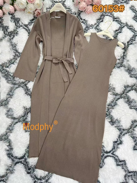 Modphy Solid Color Casual Set Women's Autumn Winter New Long Slim Fit Knitted Cardigan+Sleeveless Tank Top Dresses Two-piece Set