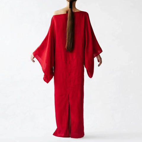 Retro Casual Solid Cotton Linen Dresses Women Elegant Slash Neck Tie-up Long Dress Spring Autumn Batwing Sleeve Sexy Party Dress