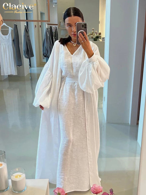 Clacive Fashion Loose Pink Linen Dress Sets For Women 2 Pieces Elegant Long Sleeve Robes With V-Neck Sleeveless Long Dresses Set
