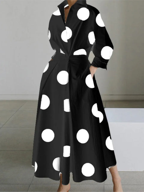 Elegant Long-sleeved V-neck Long Dress For Women New Fashionable Autumn Winter Waist Pocket Printing Loose Casual Dresses Female