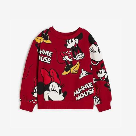 Red Mickey Printed Children Long Sleeve Tops Loose Fashion Cartoon Crewneck Pullover Sweatshirt Autumn Kids Clothing Hoodie
