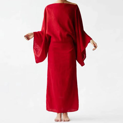 Retro Casual Solid Cotton Linen Dresses Women Elegant Slash Neck Tie-up Long Dress Spring Autumn Batwing Sleeve Sexy Party Dress
