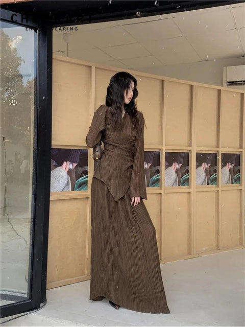 CHEERART Brown Pleate Elegant 2 Piece Sets Women Outfit V Neck Long Sleeve Cardigan Top And Maxi Skirt Set Fall Clothes