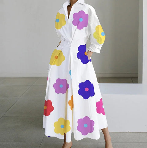 Elegant Long-sleeved V-neck Long Dress For Women New Fashionable Autumn Winter Waist Pocket Printing Loose Casual Dresses Female