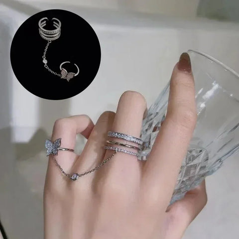 2024 Trendy Double Finger Chain Rings for Women Ring Set Tassel Butterfly Cross Punk Rings Jewelry Ladies Fashion HipHop Jewelry