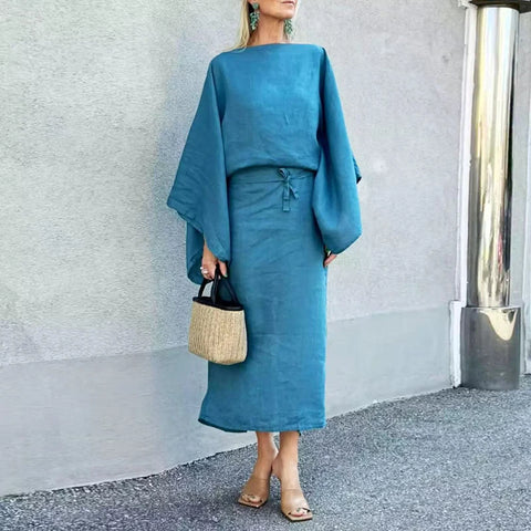 Retro Casual Solid Cotton Linen Dresses Women Elegant Slash Neck Tie-up Long Dress Spring Autumn Batwing Sleeve Sexy Party Dress
