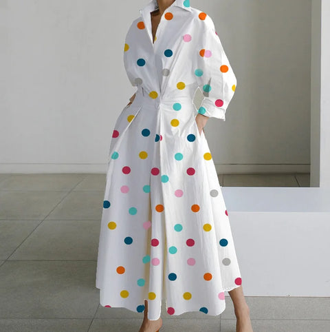 Elegant Long-sleeved V-neck Long Dress For Women New Fashionable Autumn Winter Waist Pocket Printing Loose Casual Dresses Female