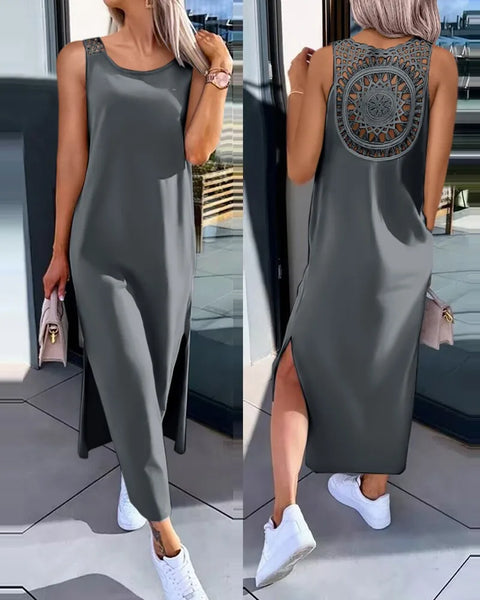 Hollow Out Solid Long Dress Women Fashion Sleeveless O-neck Maxi Dresses For Women 2024 Summer Women's Slim Split Vestidos Black