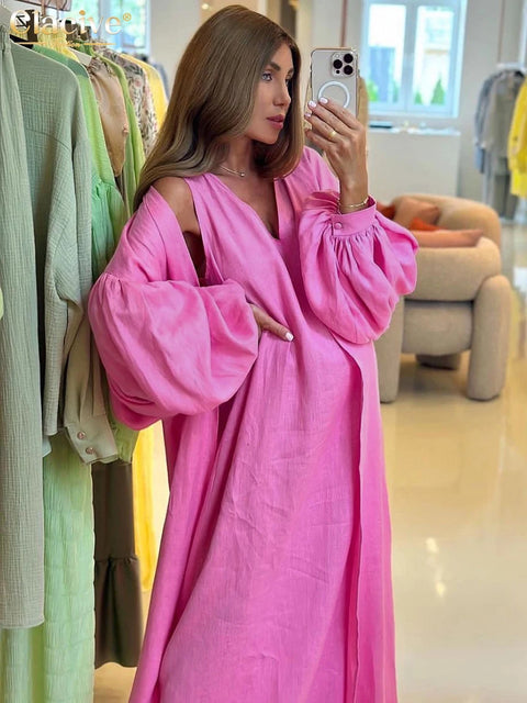 Clacive Fashion Loose Pink Linen Dress Sets For Women 2 Pieces Elegant Long Sleeve Robes With V-Neck Sleeveless Long Dresses Set