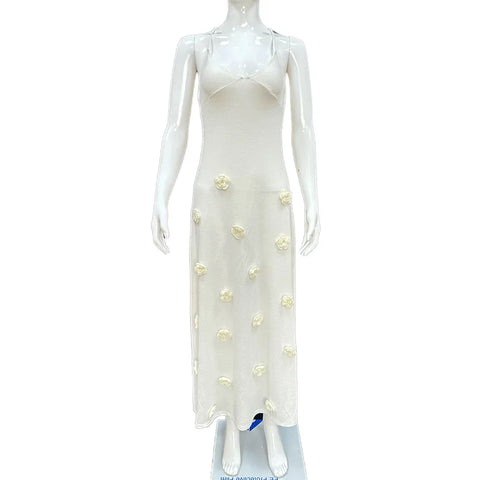 3D Flower Knitted Sling Long Dress Women Sexy Deep V-neck Backless Sleeveless Lace Up Femme Robes 2024 Summer Beach Dresses