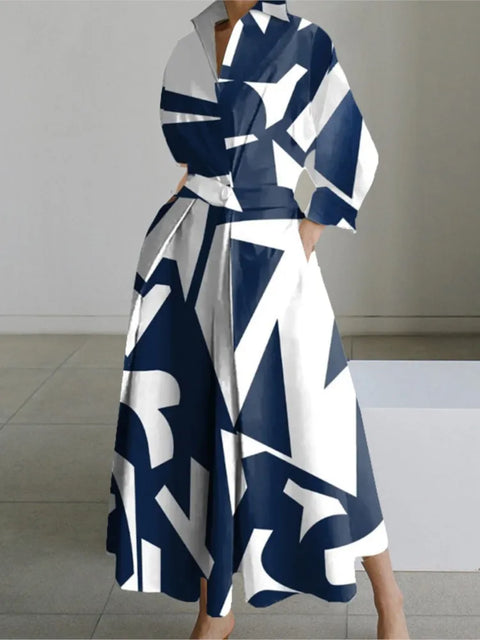 Elegant Long-sleeved V-neck Long Dress For Women New Fashionable Autumn Winter Waist Pocket Printing Loose Casual Dresses Female