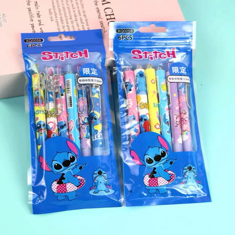 6pcs/bag Kawaii Stitch Press Gel Pens 0.5mm Black ink Signature Pen School Office Supplies Kids Writing Stationery Cute Gift