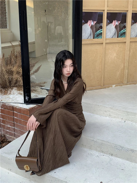 CHEERART Brown Pleate Elegant 2 Piece Sets Women Outfit V Neck Long Sleeve Cardigan Top And Maxi Skirt Set Fall Clothes
