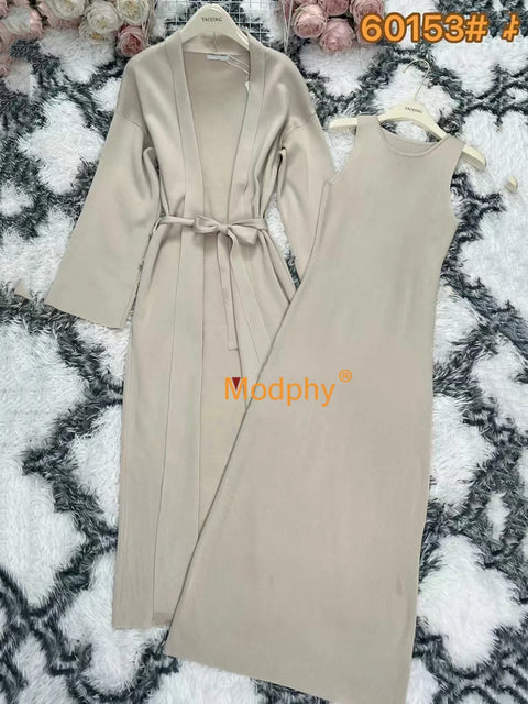 Modphy Solid Color Casual Set Women's Autumn Winter New Long Slim Fit Knitted Cardigan+Sleeveless Tank Top Dresses Two-piece Set