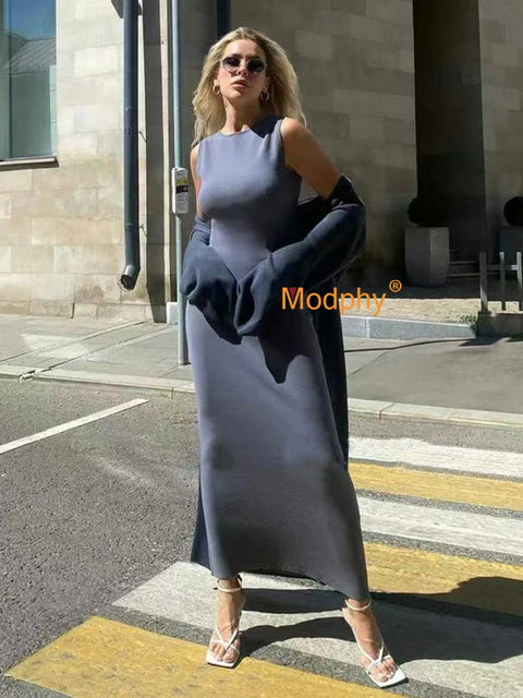 Modphy Solid Color Casual Set Women's Autumn Winter New Long Slim Fit Knitted Cardigan+Sleeveless Tank Top Dresses Two-piece Set