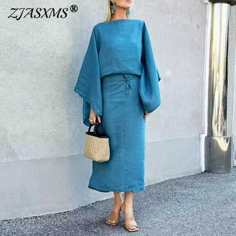 Retro Casual Solid Cotton Linen Dresses Women Elegant Slash Neck Tie-up Long Dress Spring Autumn Batwing Sleeve Sexy Party Dress