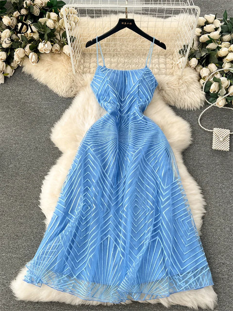 SINGREINY Fashion Temperament Long Dress Spaghetti Strap Sleeveless Design Female Solid Senior Embroidery Mesh Party Dress