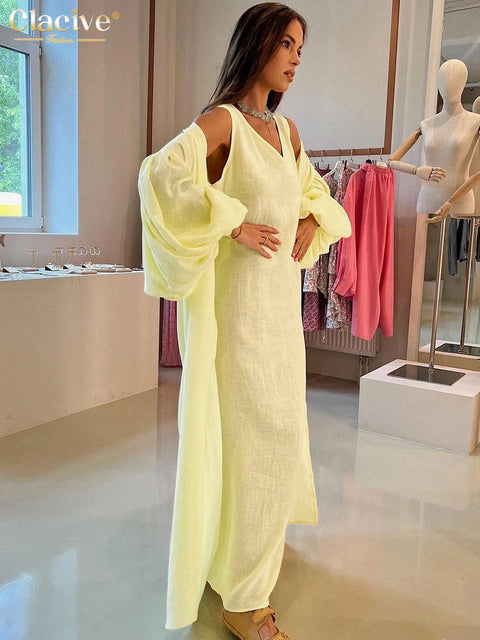Clacive Fashion Loose Pink Linen Dress Sets For Women 2 Pieces Elegant Long Sleeve Robes With V-Neck Sleeveless Long Dresses Set