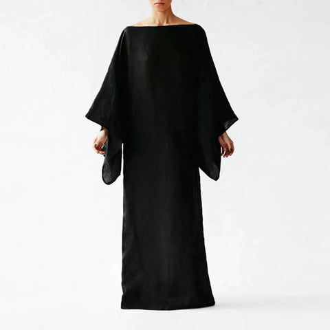 Retro Casual Solid Cotton Linen Dresses Women Elegant Slash Neck Tie-up Long Dress Spring Autumn Batwing Sleeve Sexy Party Dress