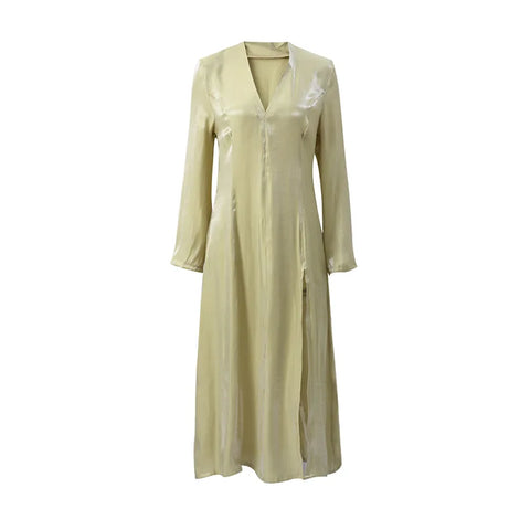 Casual Glitter Long Dress Women Loose V-neck Full Sleeve Front Split Ankle-length Dresses Female 2025 Spring Summer Lady Robe