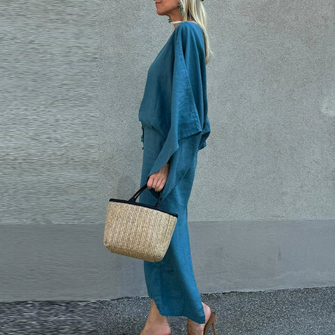 Retro Casual Solid Cotton Linen Dresses Women Elegant Slash Neck Tie-up Long Dress Spring Autumn Batwing Sleeve Sexy Party Dress