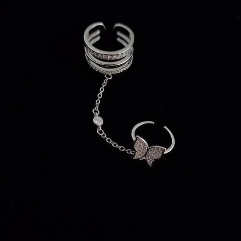 2024 Trendy Double Finger Chain Rings for Women Ring Set Tassel Butterfly Cross Punk Rings Jewelry Ladies Fashion HipHop Jewelry