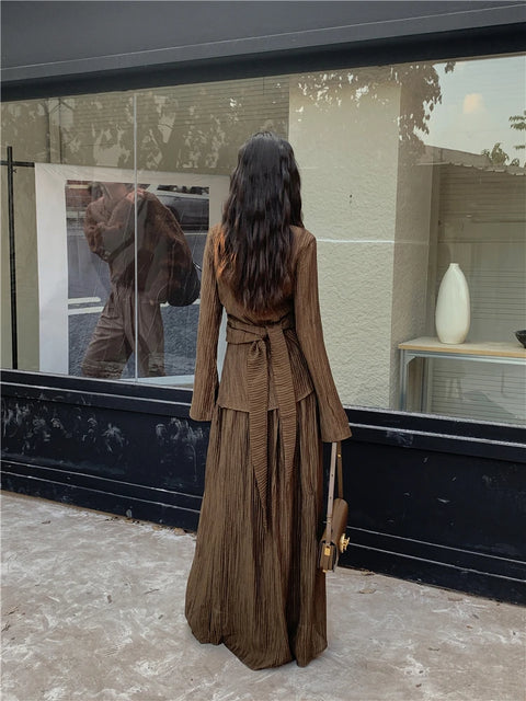 CHEERART Brown Pleate Elegant 2 Piece Sets Women Outfit V Neck Long Sleeve Cardigan Top And Maxi Skirt Set Fall Clothes