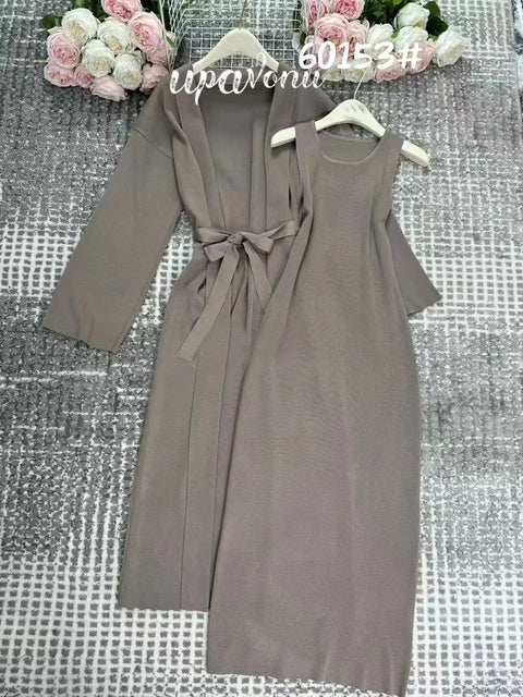 Women's Knitted Long Dress Sets with Polo Collar Long Sleeves Waistband Tie up Cardigan Long Coat+Sleeveless Dress Two Piece Set