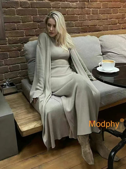 Modphy Solid Color Casual Set Women's Autumn Winter New Long Slim Fit Knitted Cardigan+Sleeveless Tank Top Dresses Two-piece Set