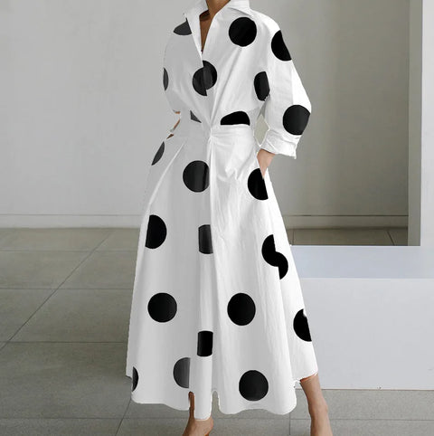 Elegant Long-sleeved V-neck Long Dress For Women New Fashionable Autumn Winter Waist Pocket Printing Loose Casual Dresses Female